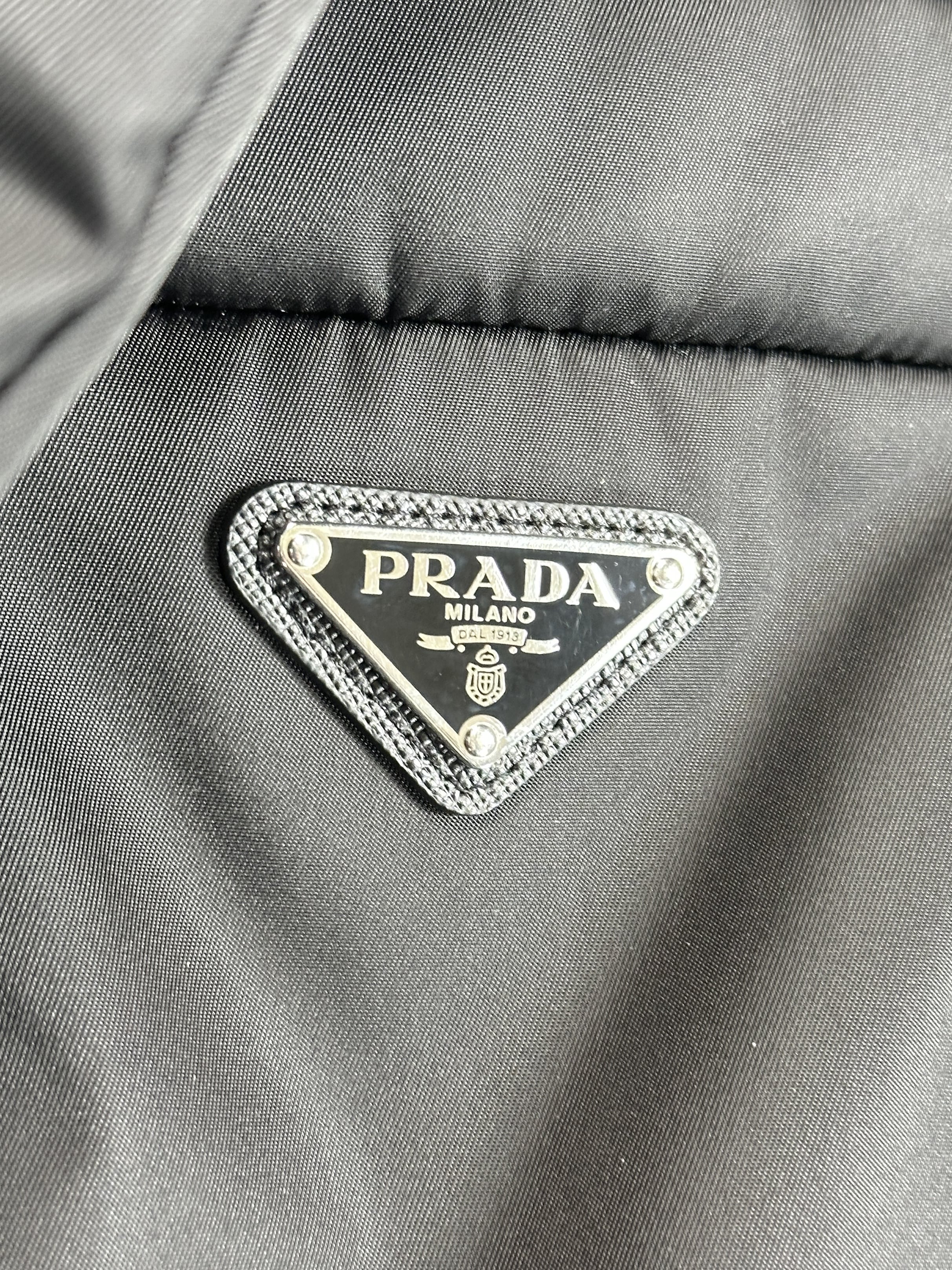 PRADA Black Padded Re-nylon down filled Triangle Logo Puffer Coat with belt UK 4