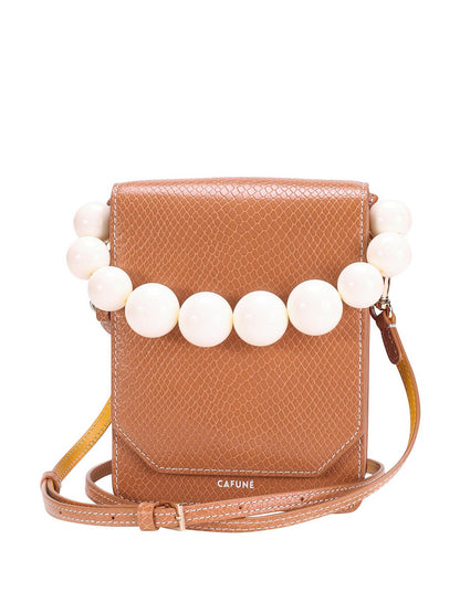 Cafune Brown Bellows Crossbody Bag with pearl top handle