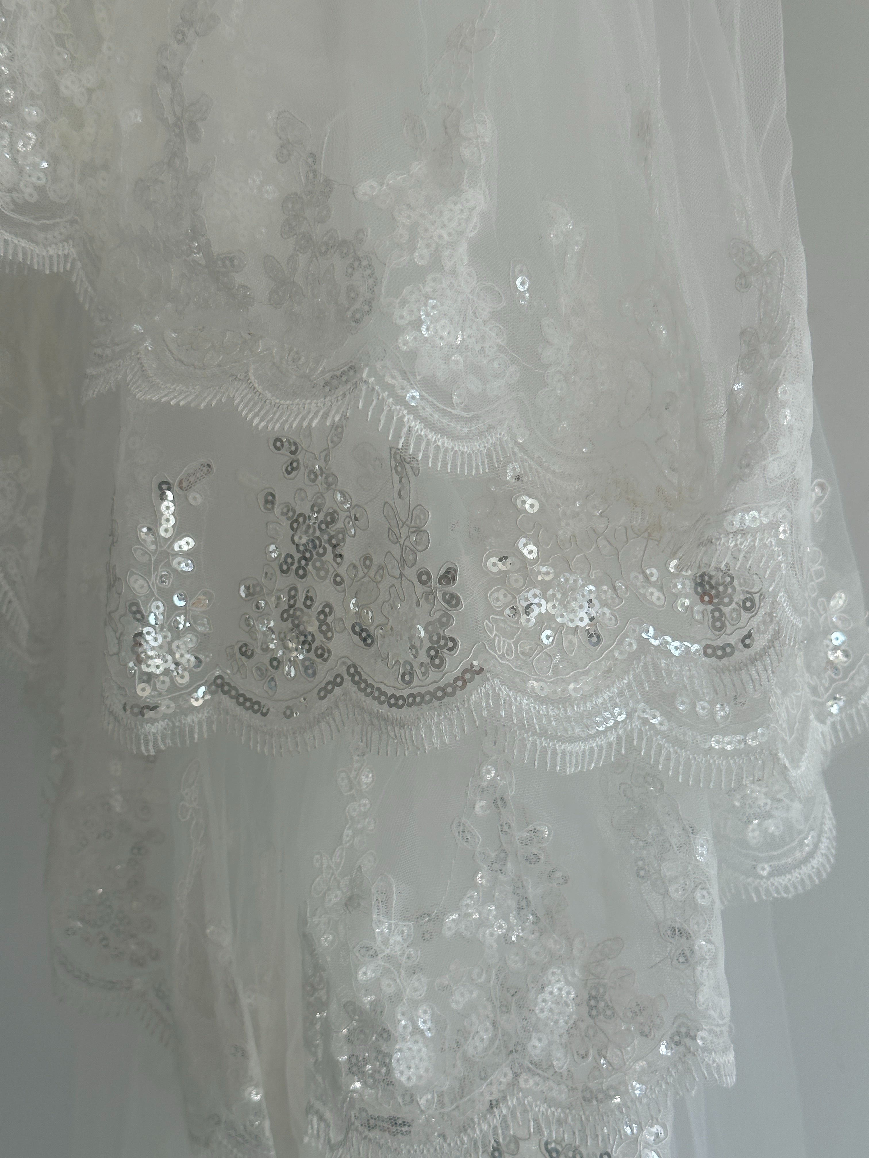 White Embroidered And Sequin Embellished Bridal Veil One Size