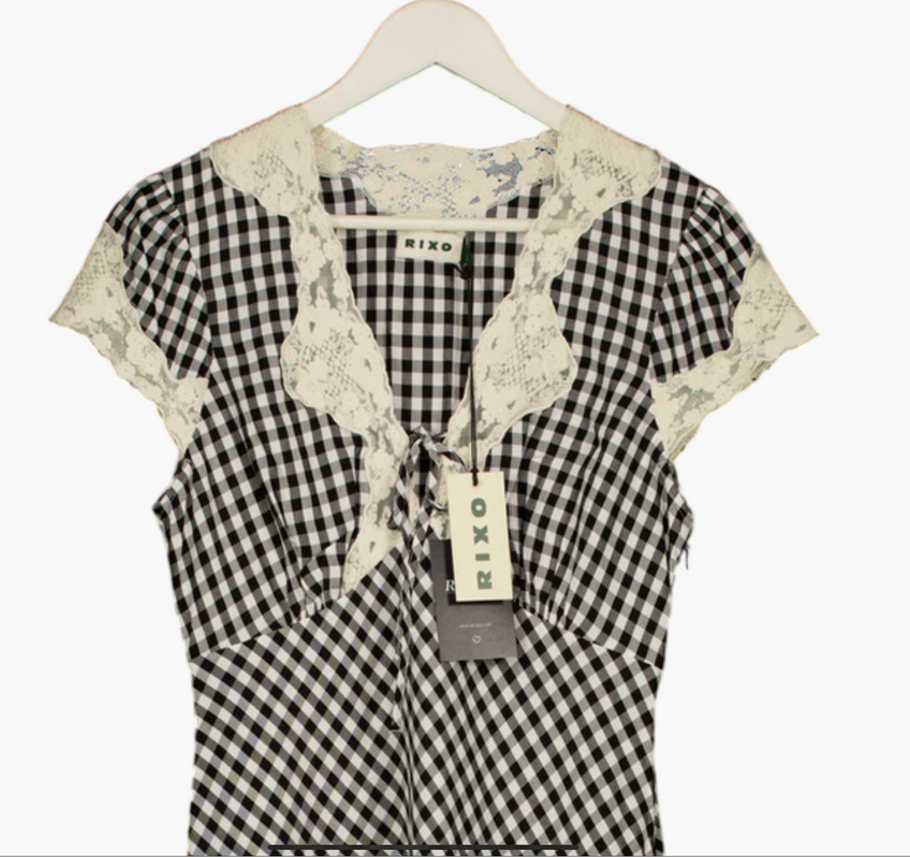 RIXO Black / Ivory Lacie Lace-trimmed Checked Crêpe Minidress UK 10