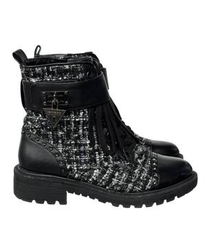 Guess Black Leather And Tweed Logo Charm Biker Boots UK 3 EU 36