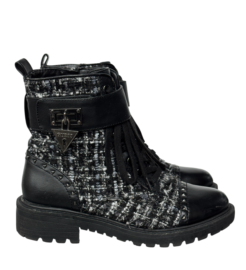 Guess Black Leather And Tweed Logo Charm Biker Boots UK 3 EU 36 👠