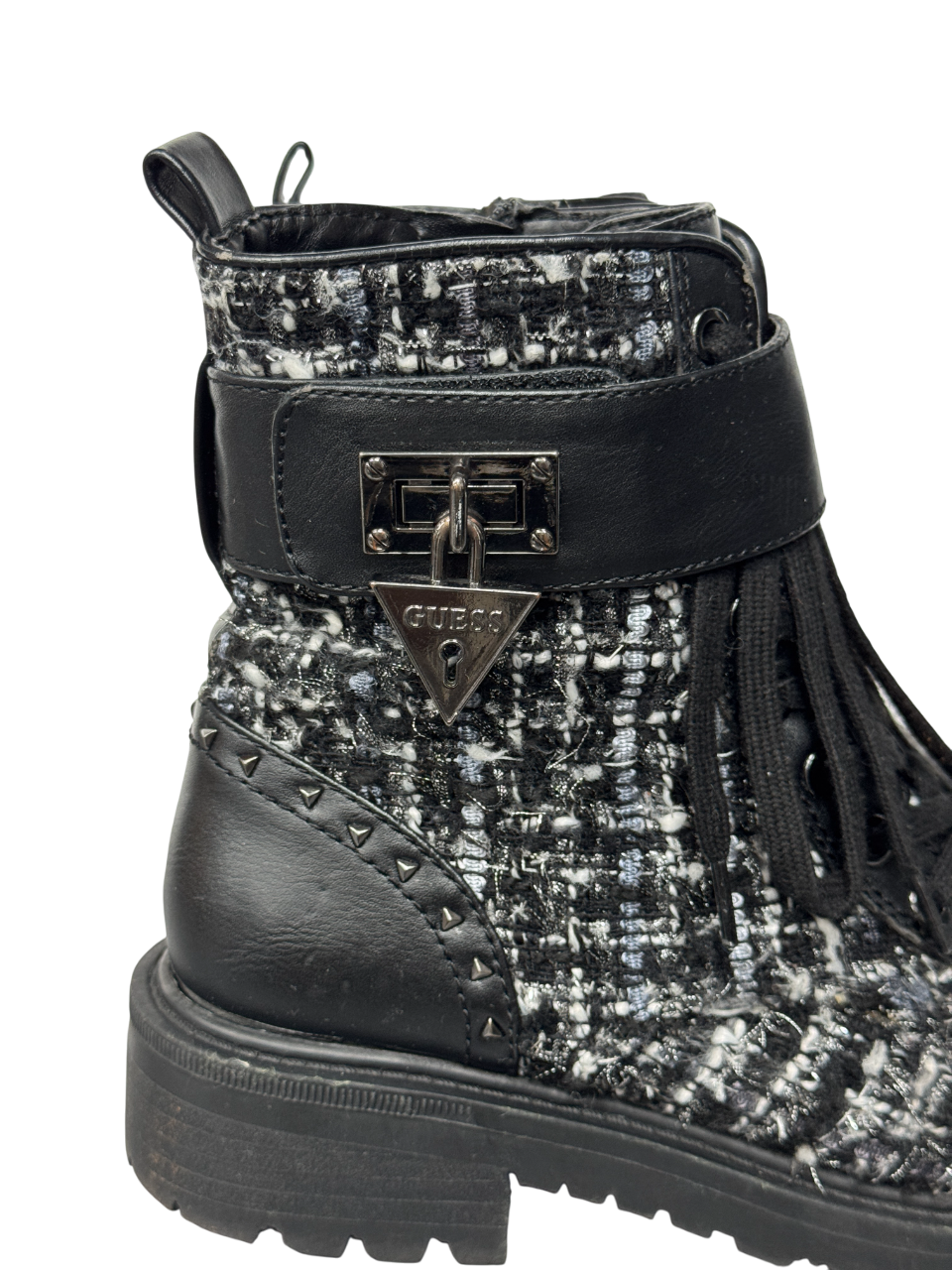 Guess Black Leather And Tweed Logo Charm Biker Boots UK 3 EU 36 👠