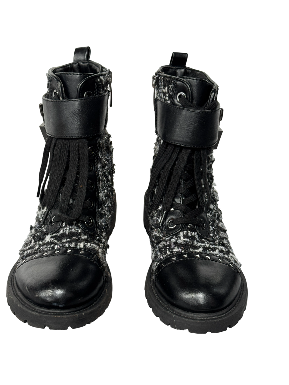 Guess Black Leather And Tweed Logo Charm Biker Boots UK 3 EU 36 👠