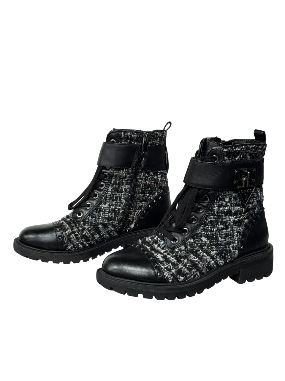 Guess Black Leather And Tweed Logo Charm Biker Boots UK 3 EU 36 👠