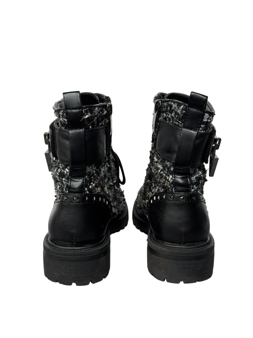 Guess Black Leather And Tweed Logo Charm Biker Boots UK 3 EU 36 👠