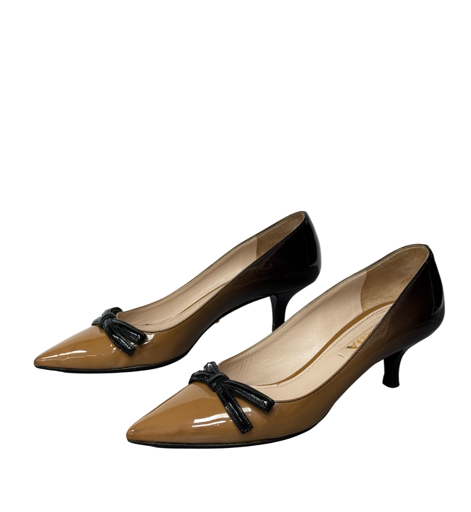 PRADA Beige Patent Ombre Leather Bow Accents Kitten Heel Shoes 65mm UK 2 EU 35 👠