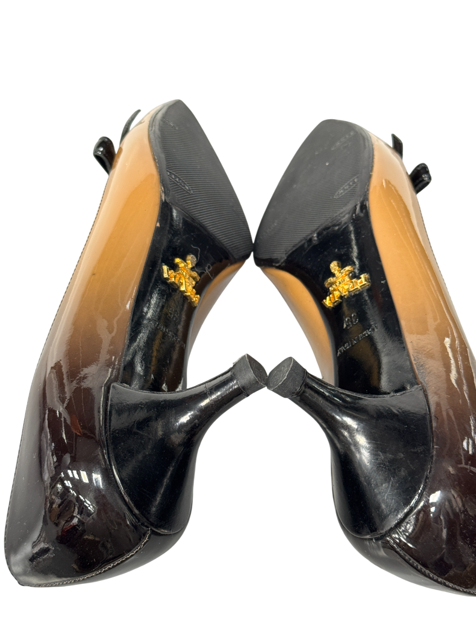 PRADA Beige Patent Ombre Leather Bow Accents Kitten Heel Shoes 65mm UK 2 EU 35 👠