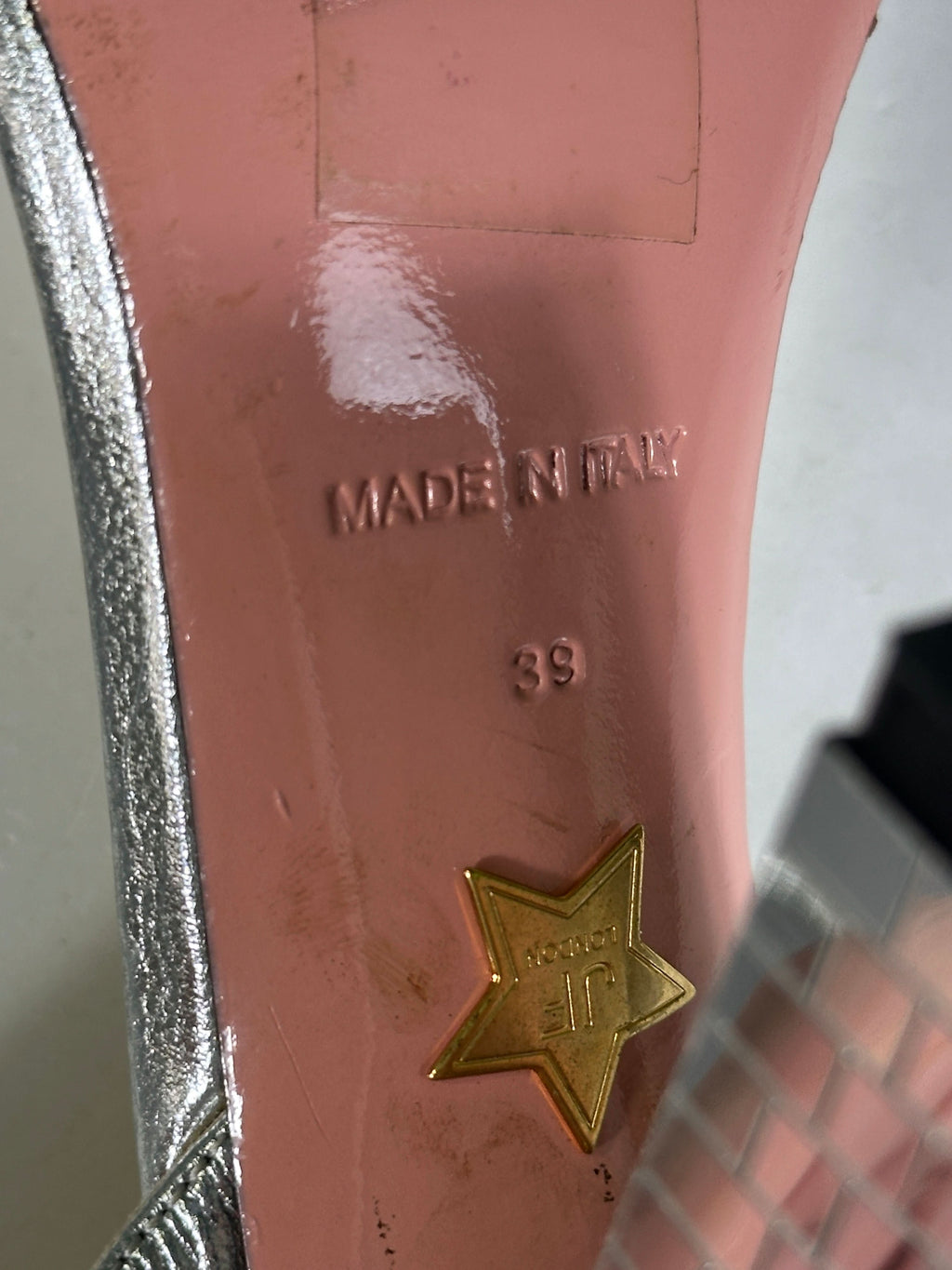 JF LONDON Metallic Silver Mirrored Block Heel Strappy Sandals UK 6 EU 39 👠