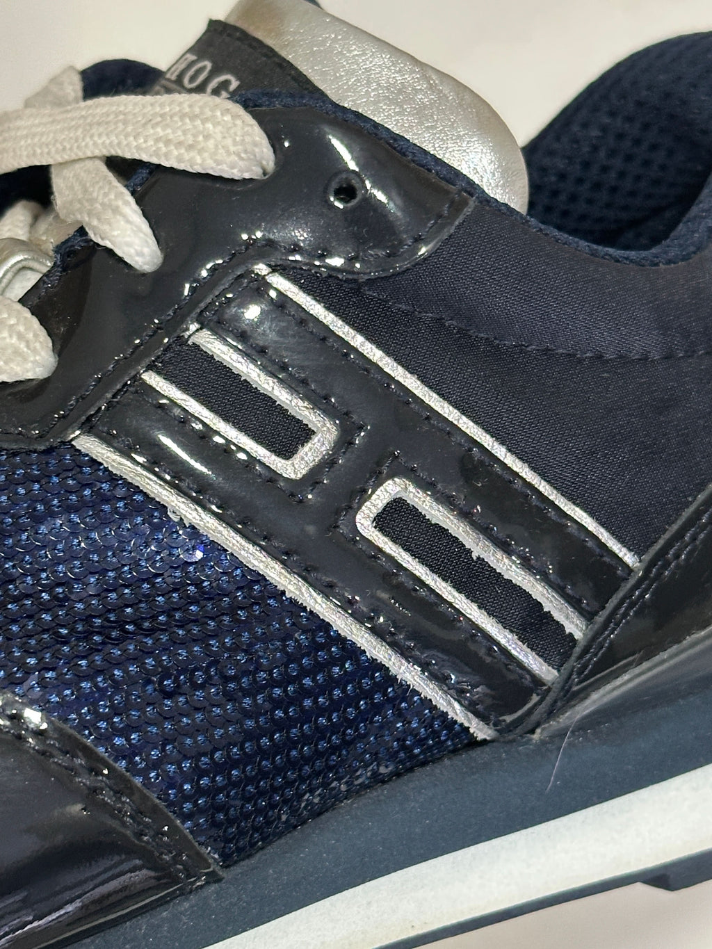 HOGAN Blue Navy Patent "H" Logo Sequin Trimmed Trainers UK 4.5 EU 37.5 👠