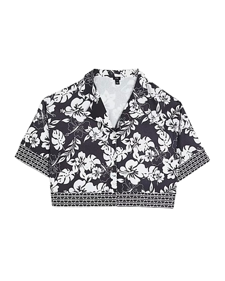 River Island Black Monochrome Flower Print Cropped Shirt UK 14