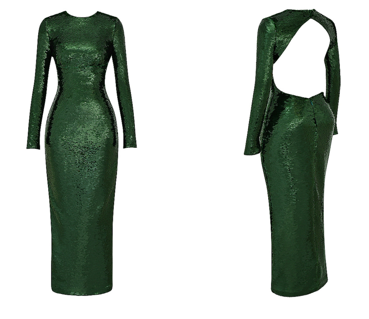 House of CB Belle Sequin Dress Pine Green UK XS