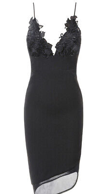 House of CB Black Caprice Slip Dress Asymmetric Lace Overlay UK XS