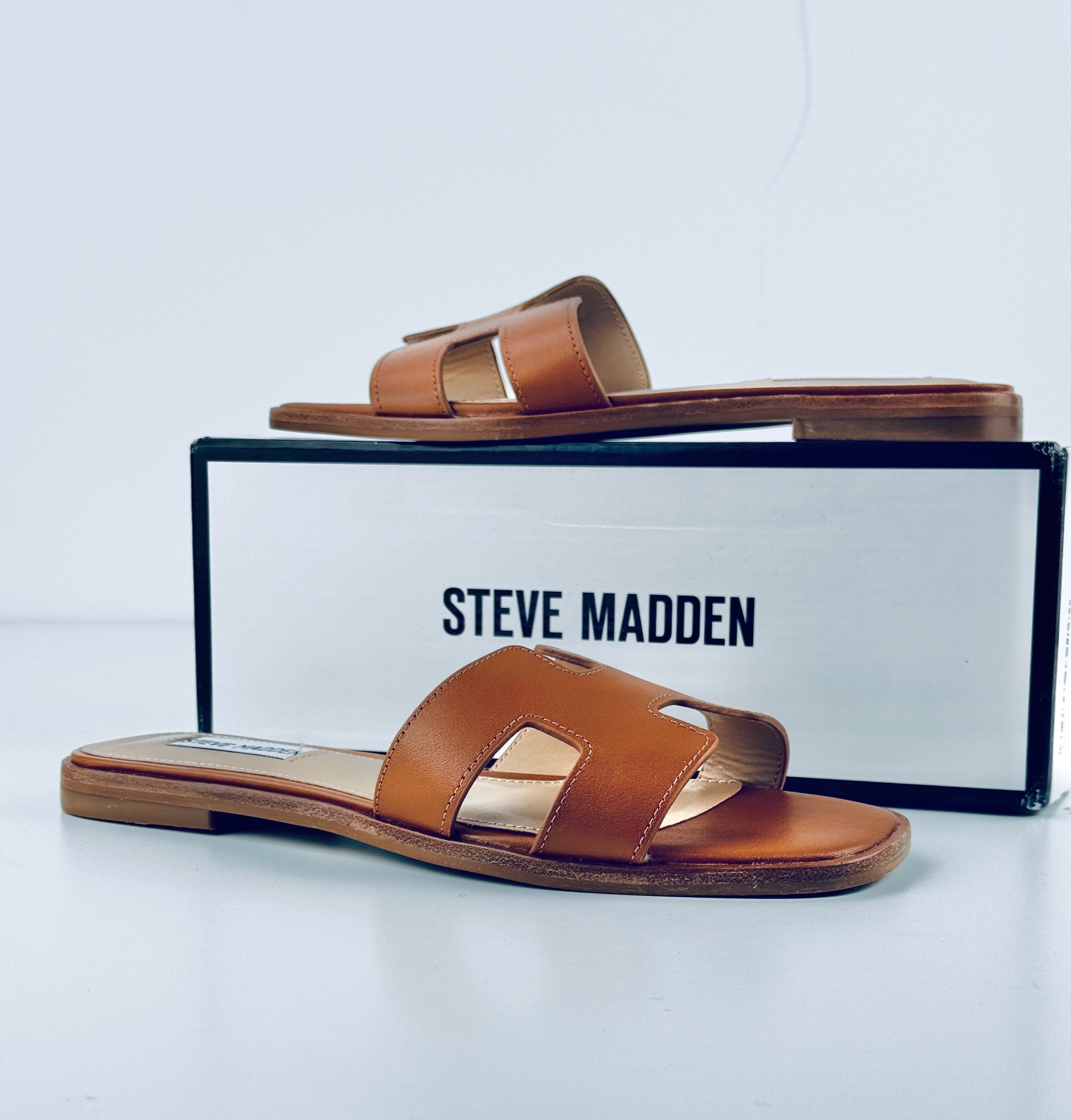 STEVE MADDEN Cognac Brown Leather Haydn "h" Sandals Us7.5 UK 5.5 EU 38.5 👠