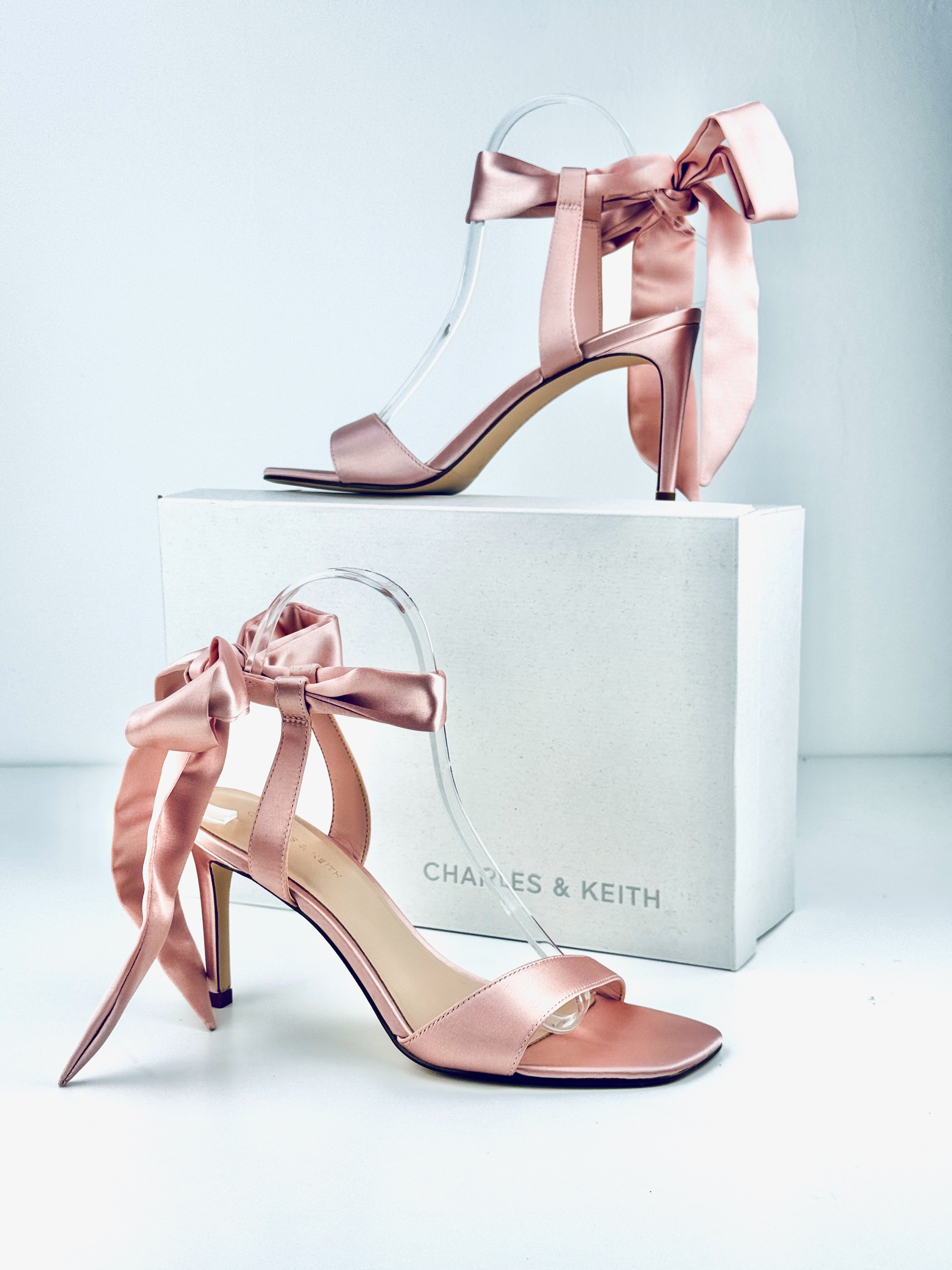 CHARLES & KEITH Pink Eliana Satin Tie-around Heeled Sandals UK 5 EU 38 👠