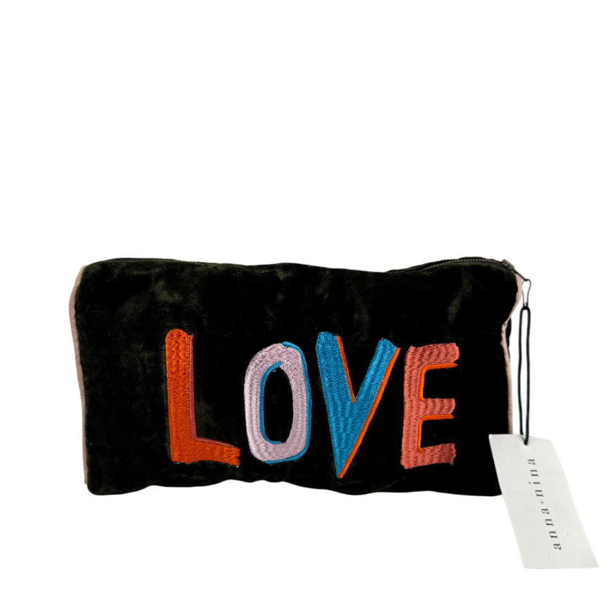 Anna + Nina Green Velour Love Makeup Pouch