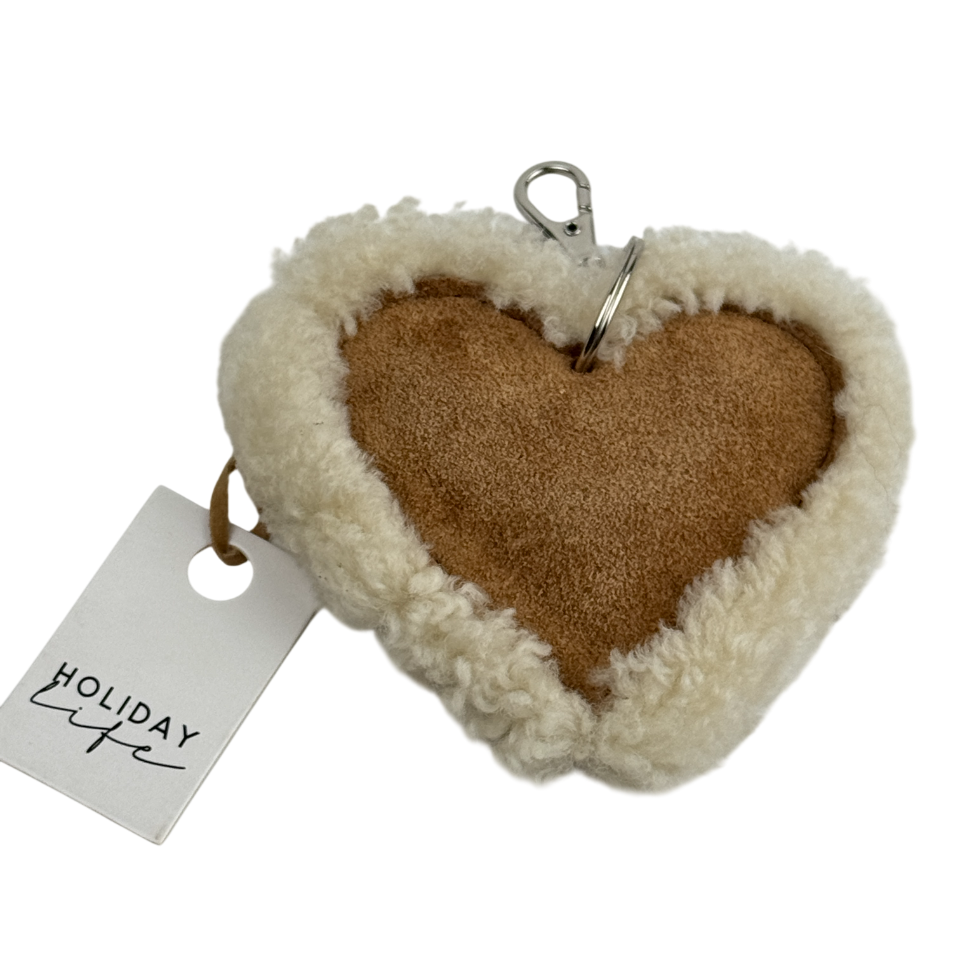 HOLIDAYLIFE Tan Brown Suede Shearling Heart Keyring