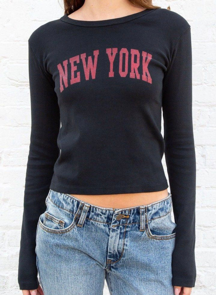 Brandy Melville Black New York Slogan Ribbed Long Sleeve T Shirt  UK 8-10 One Size
