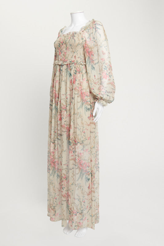 Zimmerman Bayou Shirred Floral Print Silk Floral Maxi Dress UK M