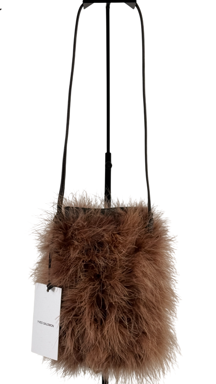 YVES SALOMON Brown Leather & Feather Pouch Crossbody Bag