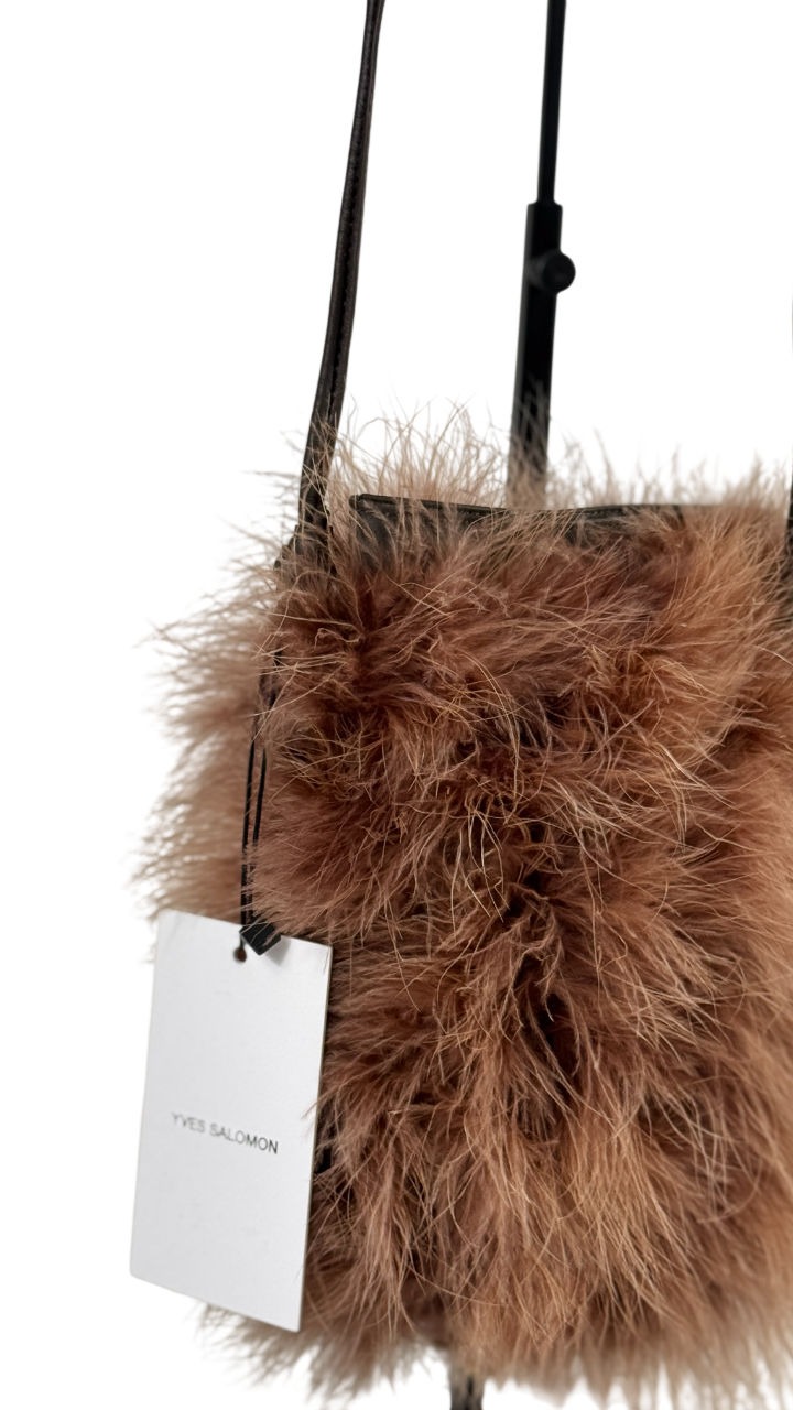 YVES SALOMON Brown Leather & Feather Pouch Crossbody Bag