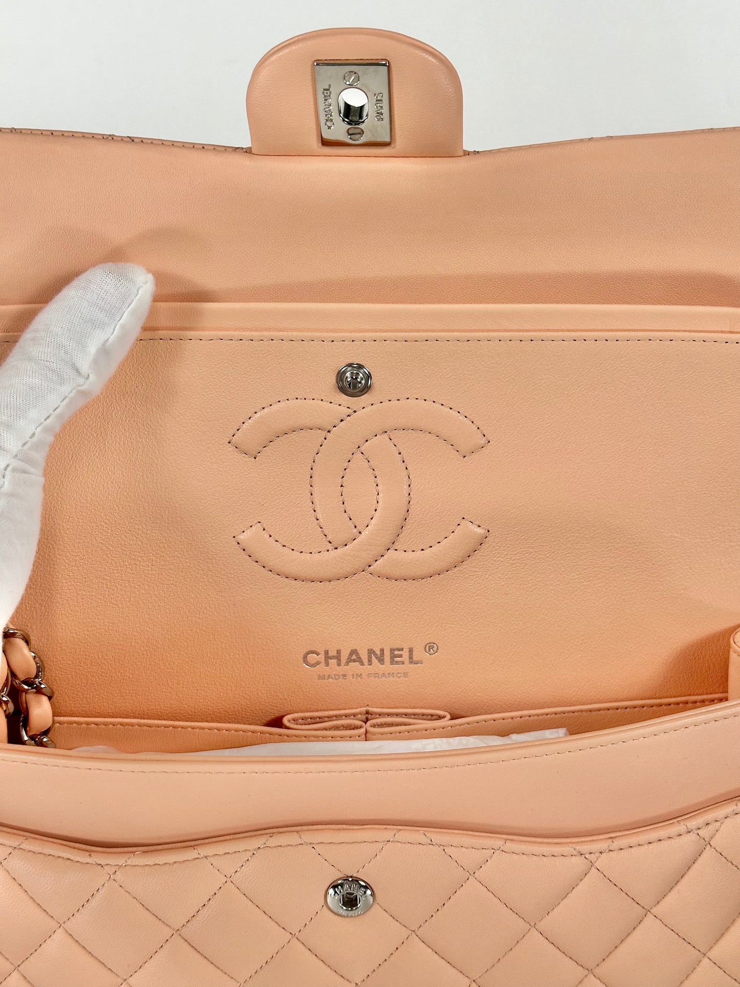 Chanel Pink Salmon Peach Medium Quilted Lambskin Classic Double Flap Bag