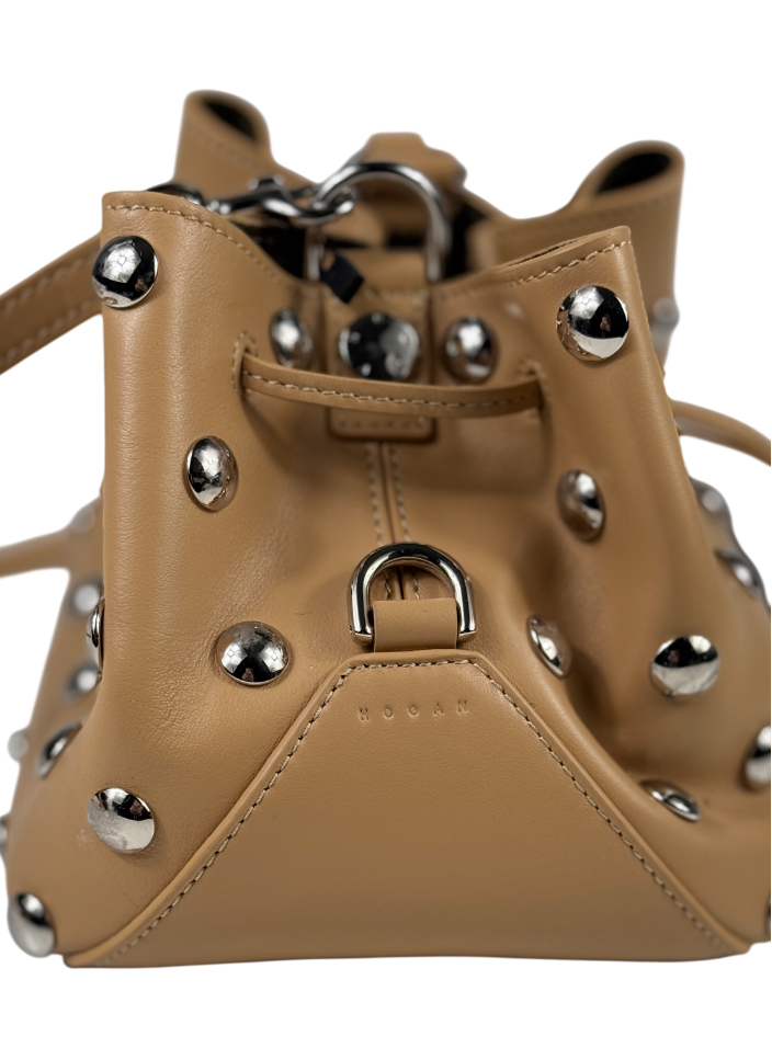 HOGAN Beige / Silver Leather Hocket Studded Bucket Bag