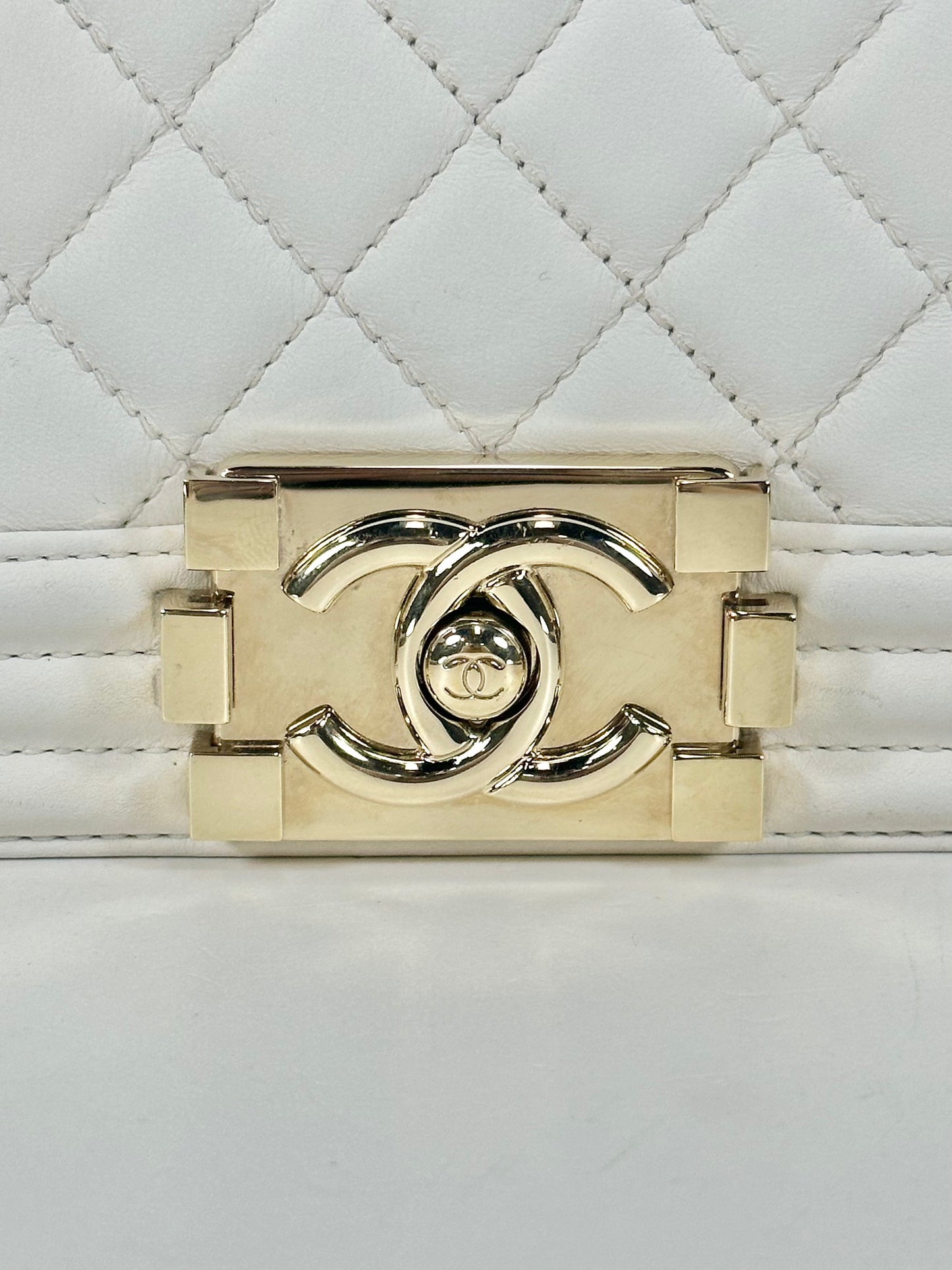 Chanel White Calfskin & Gold-tone Metal Medium Boy Bag