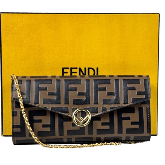 FENDI Brown / Gold  Leather FF Logo Continental Wallet on a Chain