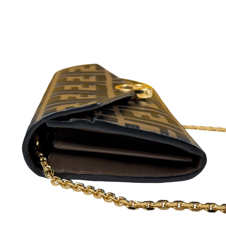 FENDI Brown / Gold  Leather FF Logo Continental Wallet on a Chain