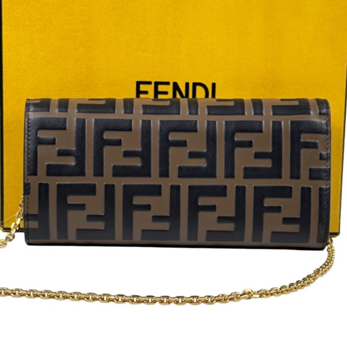 FENDI Brown / Gold  Leather FF Logo Continental Wallet on a Chain