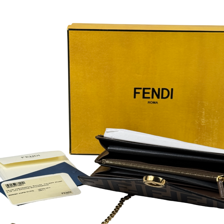 FENDI Brown / Gold  Leather FF Logo Continental Wallet on a Chain