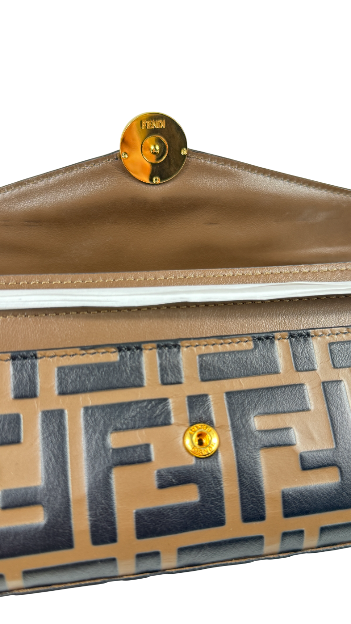 FENDI Brown / Gold  Leather FF Logo Continental Wallet on a Chain