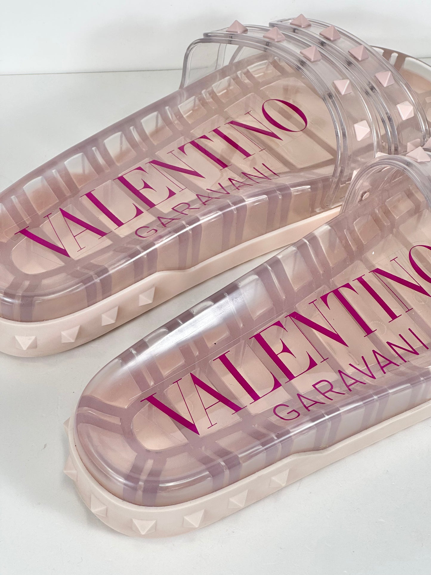Valentino Garavani Pink Rockstud Transparent Pool Slides Shoes UK 6 EU 39 👠