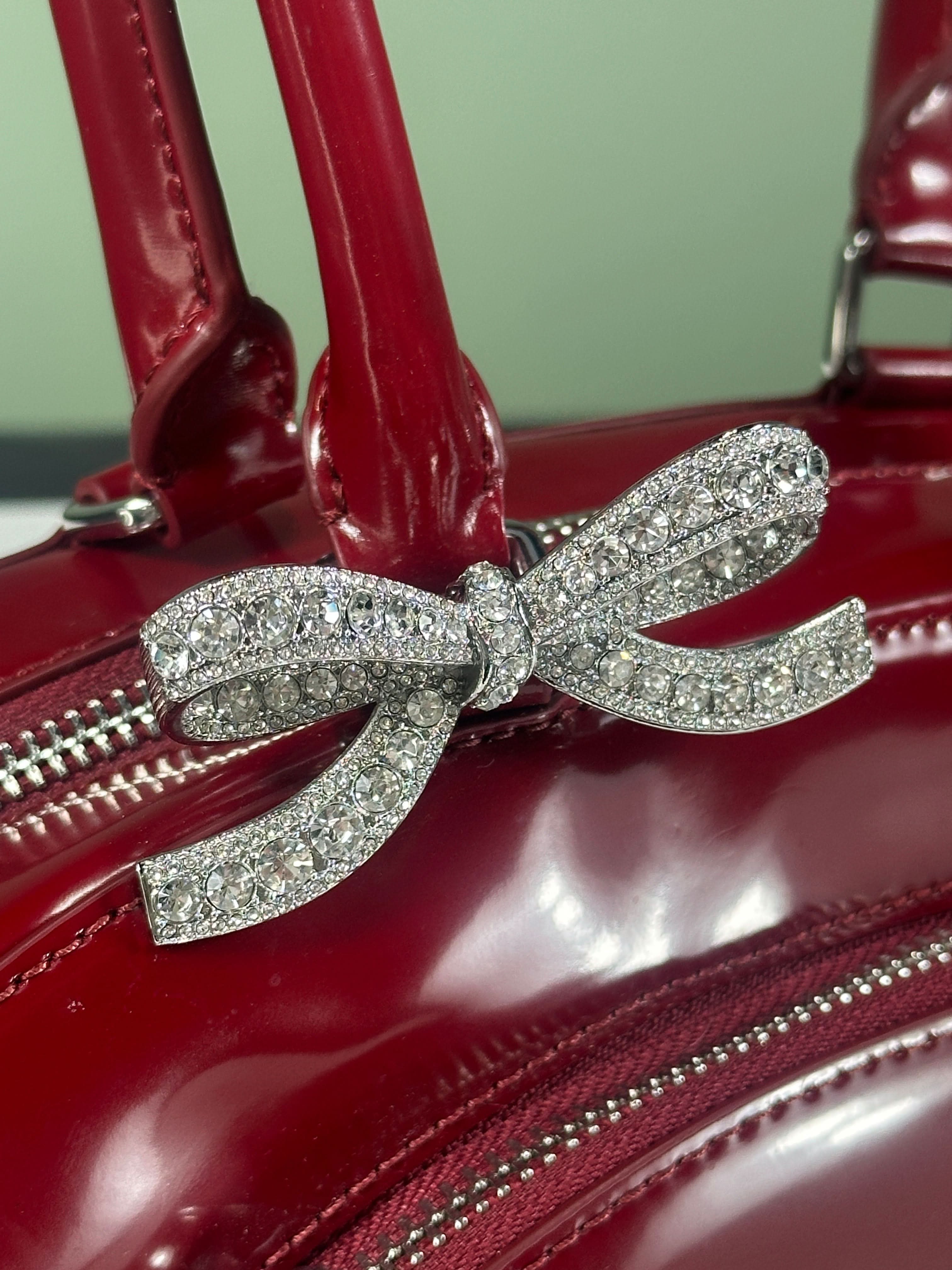 Self-Portrait Red Bow-embellished Curved Leather Shoulder Bag