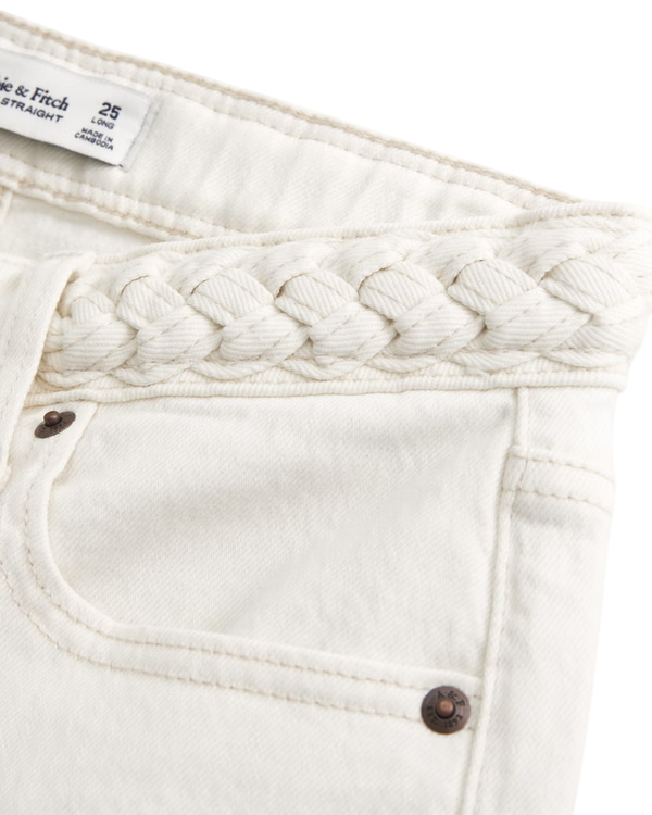 Abercrombie & Fitch Cream High Rise 90s Cropped Braided Waistband Straight Jean W27