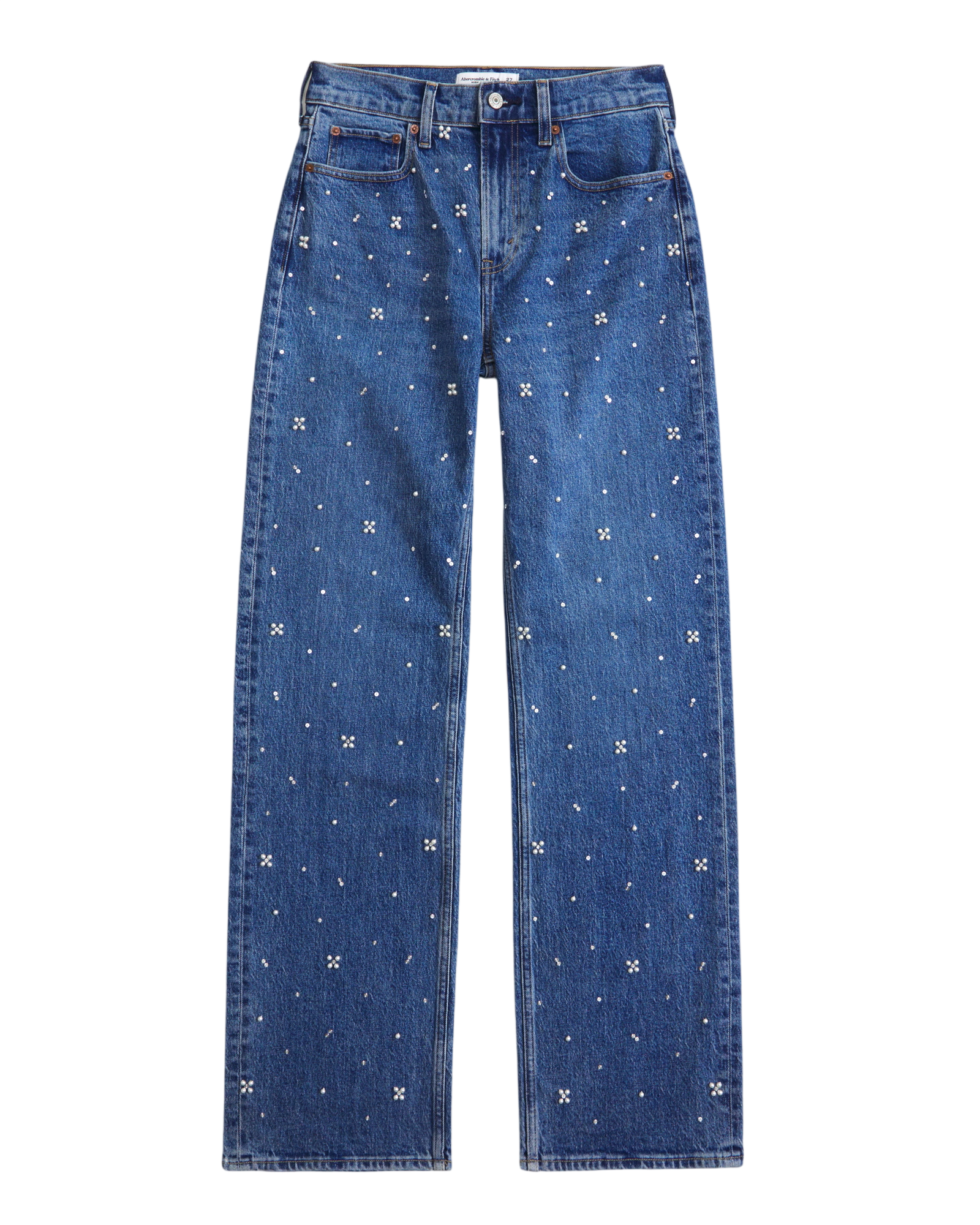 ABERCROMBIE & FITCH Blue High Rise 90s Relaxed Pearl Embellished Jeans - Long Length W25