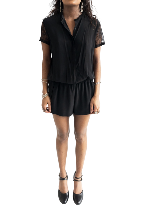 Maje Black Silk & Lace Short Sleeved Jumpsuit UK 6