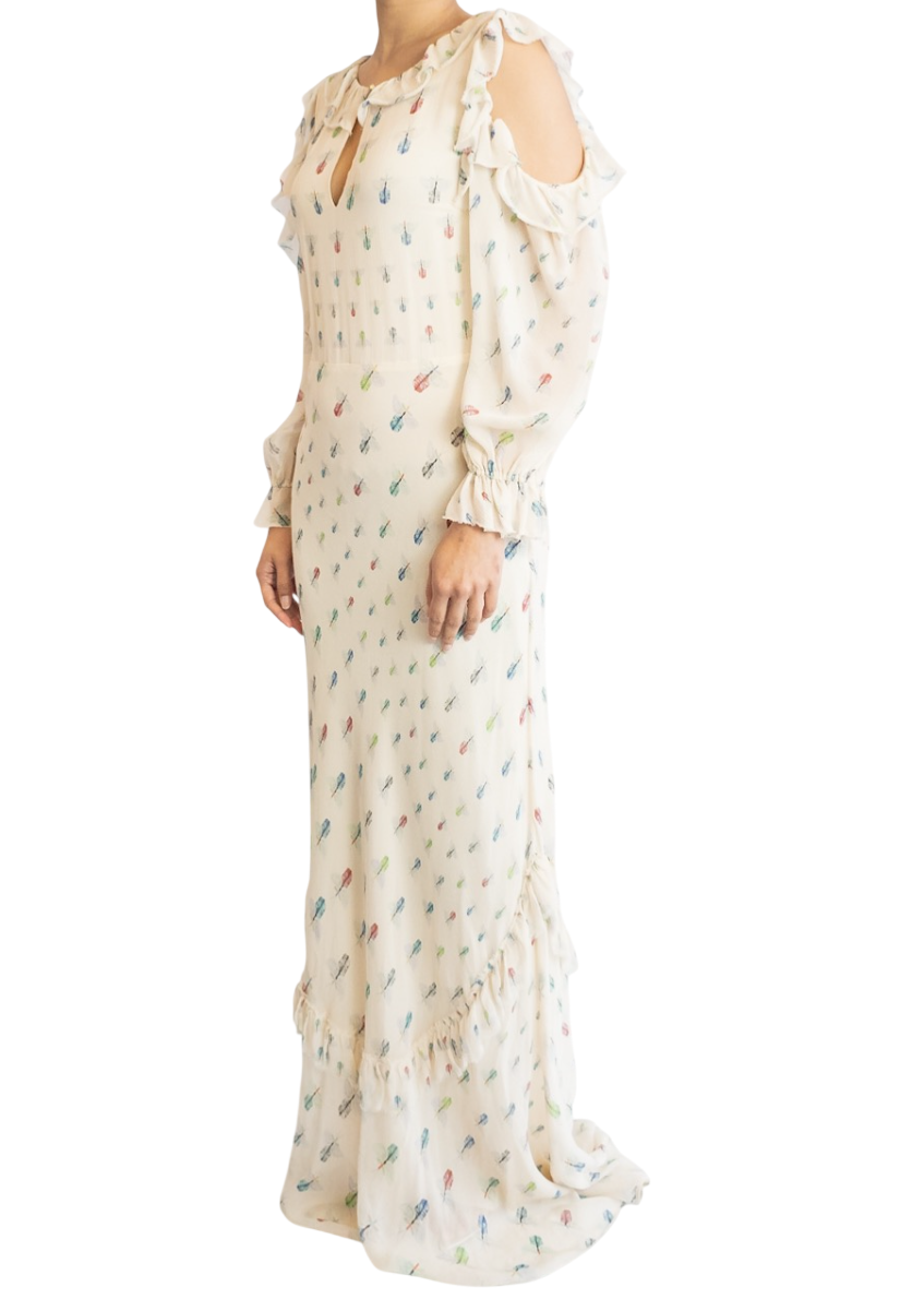 Vilshenko Cream Silk Chiffon Firefly Print Maxi Dress UK 10