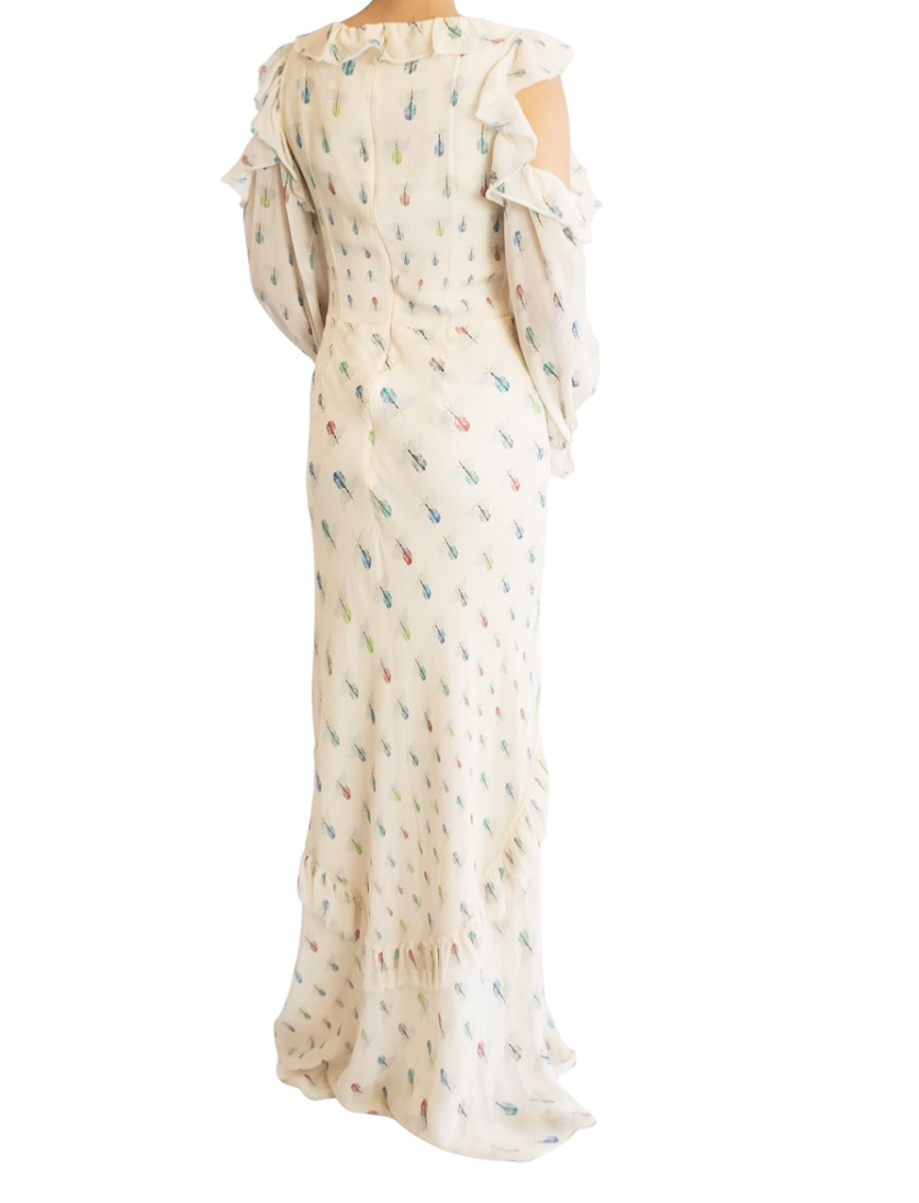Vilshenko Cream Silk Chiffon Firefly Print Maxi Dress UK 10