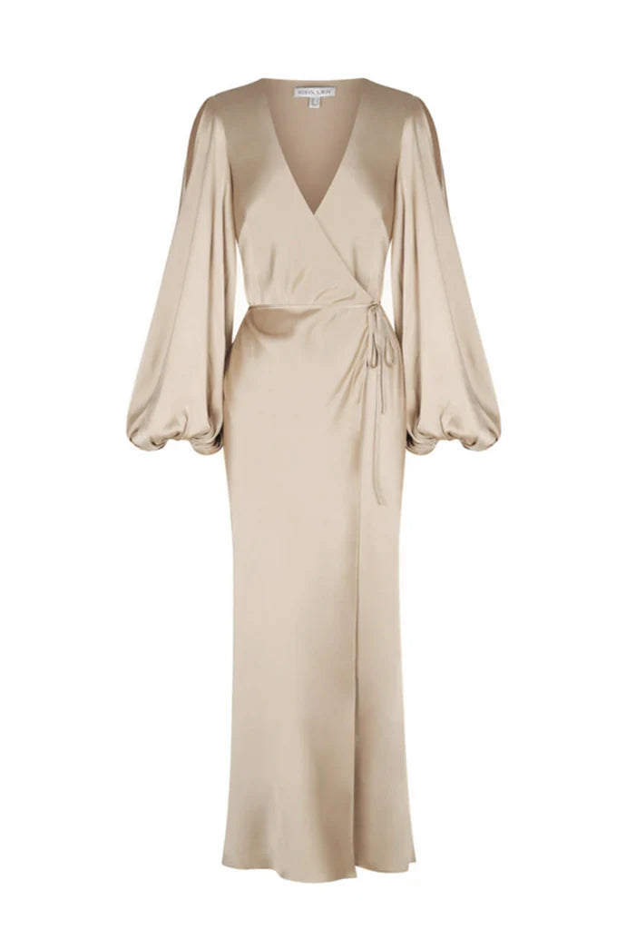 SHONA JOY Champagne Beige La Lune Long Sleeve Maxi Dress UK 18 – Reliked
