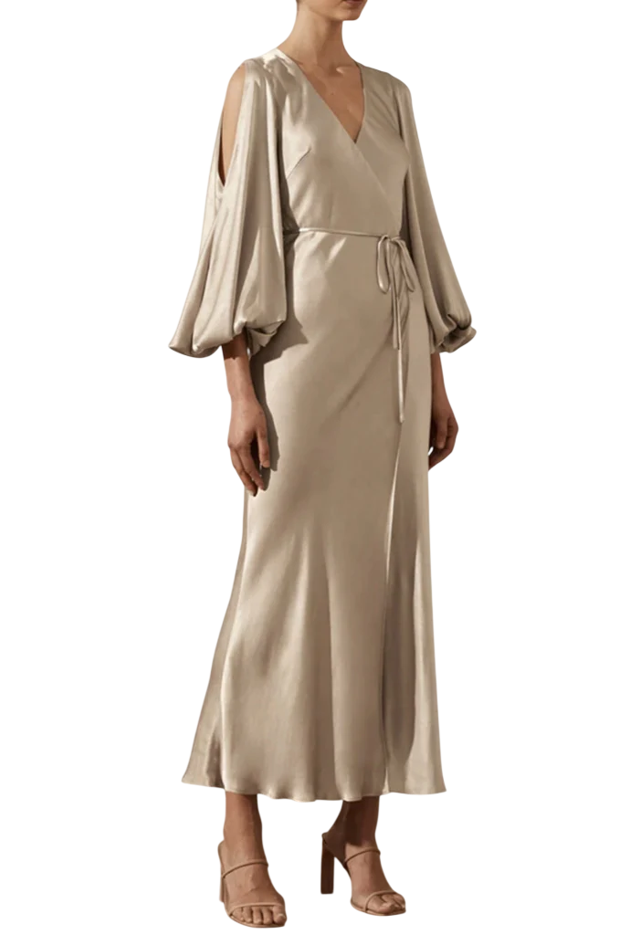 SHONA JOY Champagne Beige La Lune Long Sleeve Maxi Dress UK 14