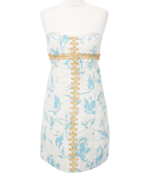 TIBI New York White / Turquoise Brocade Embellished Mini Dress Us6 UK 10