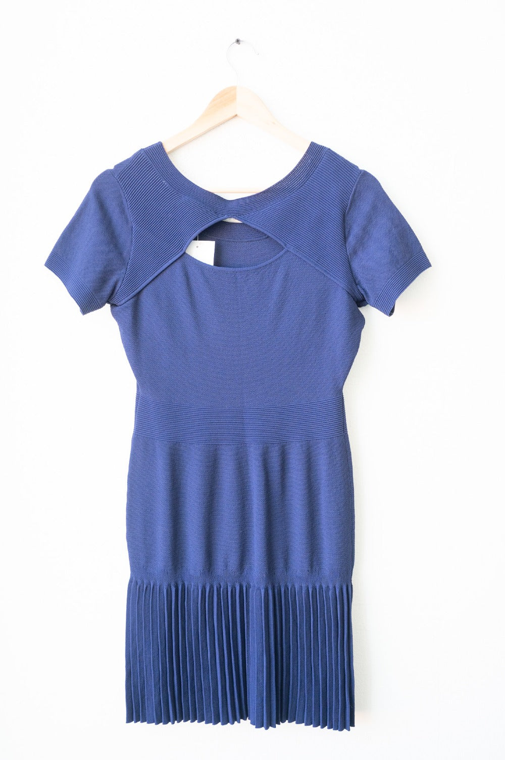 Sandro Blue Short Sleeve Knit Dress with pleated hem SZ2 UK 10