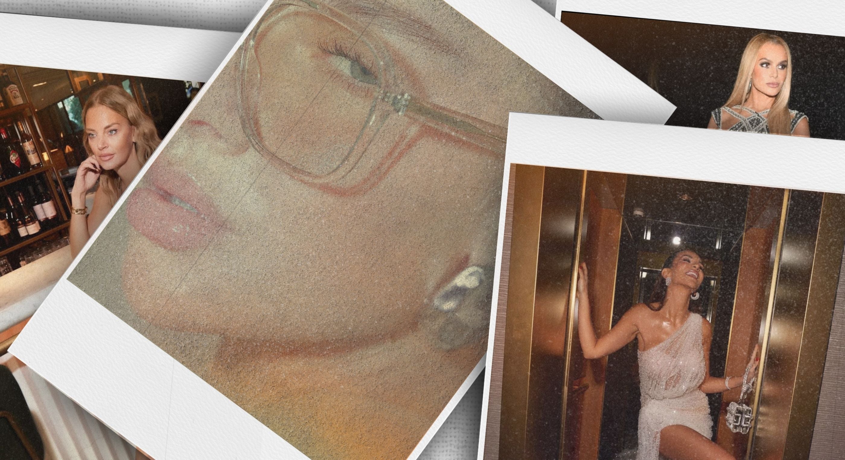 Collage of a woman in a white dress with a blurred face, surrounded by polaroid-style images.