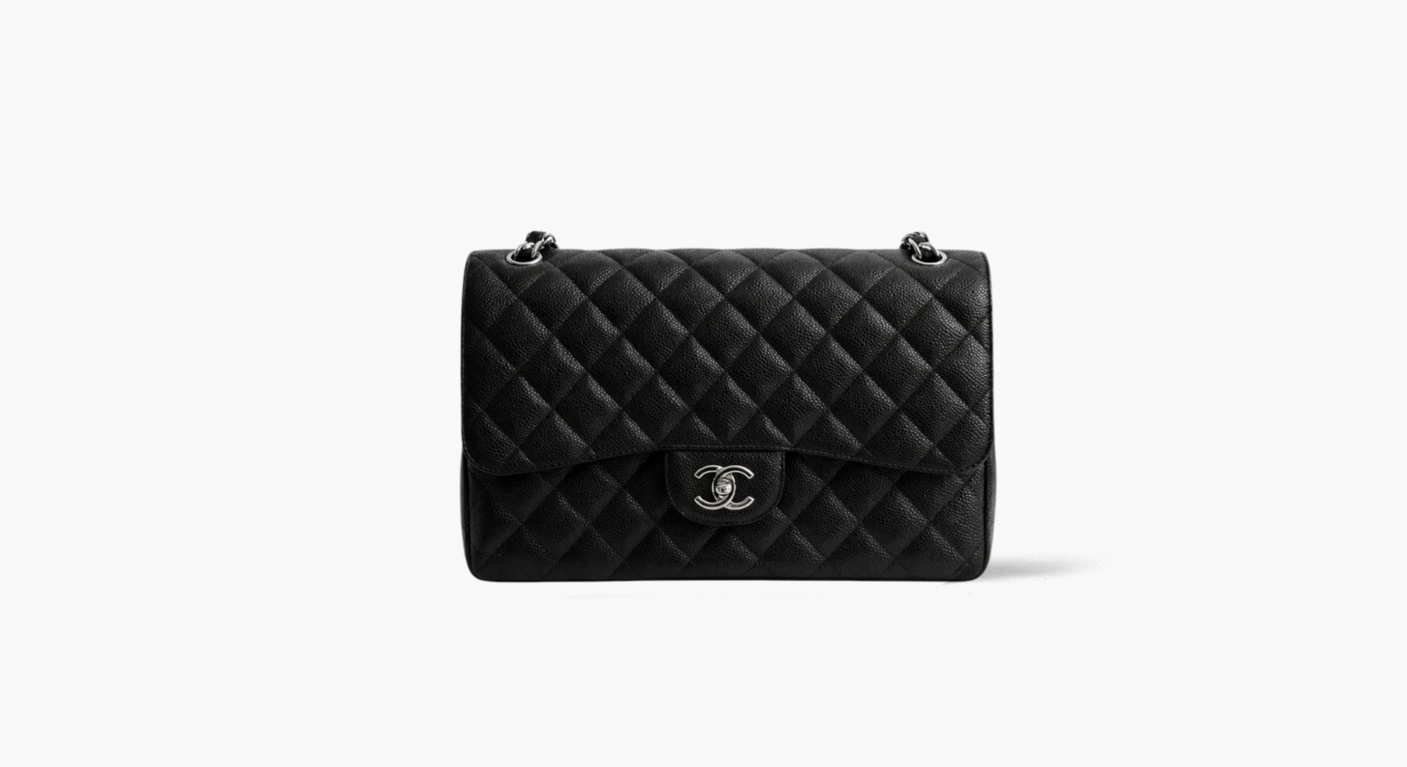 Black quilted handbag with Chanel logo on a white background