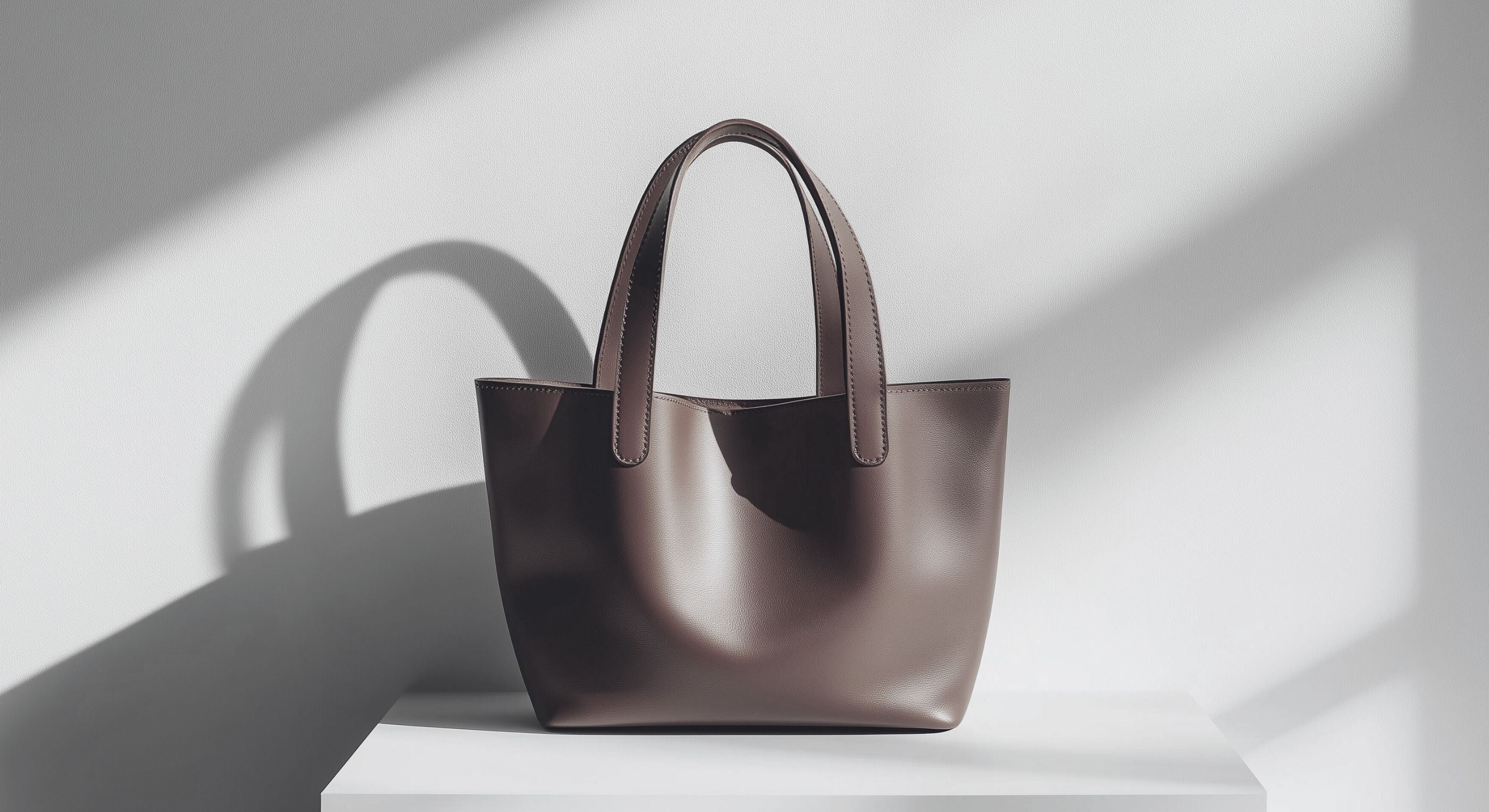 Brown leather tote bag on a white surface with a soft shadow