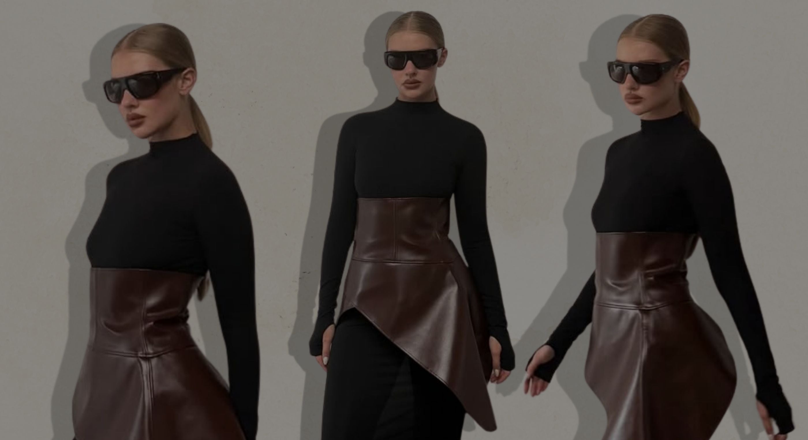 Three views of a woman wearing a black turtleneck and brown leather skirt on a gray background.