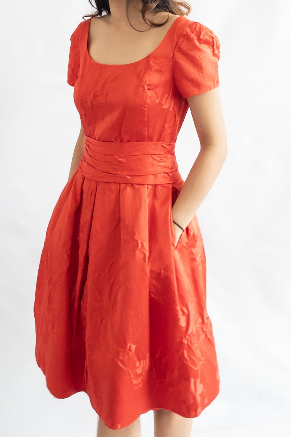 Oscar de la Renta Red Silk Jacquard Scoop Neck Dress UK 8