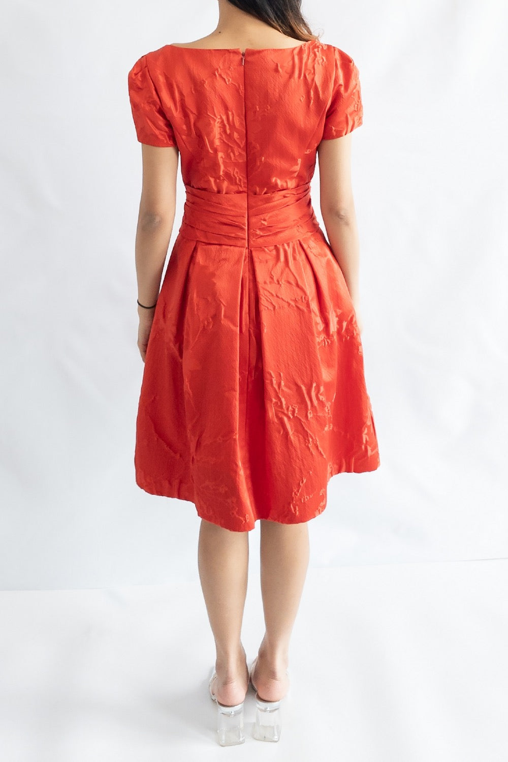 Oscar de la Renta Red Silk Jacquard Scoop Neck Dress UK 8